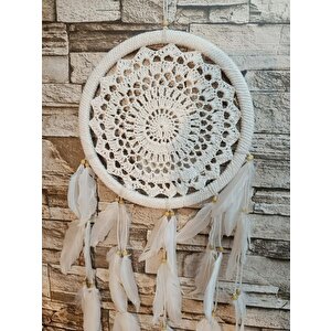 Düş Kapanı Makrome Dreamcatcher Ekru Kuş Tüyü Rüya Kapanı Duvar Süsü Elişi
