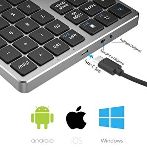 Mini Gri̇ Bluetooth Kablosuz 35 Tuş Klavye Geni̇şletme Sayi Bloğu