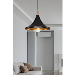 Style Tekli Mika Sarkıt Siyah Gold Ahşap Süs Detaylı Mutfak Avize Cafe Armatür Ofis Depo Aydınlatma