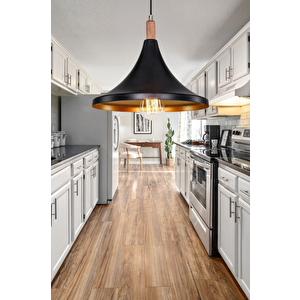 Style Tekli Mika Sarkıt Siyah Gold Ahşap Süs Detaylı Mutfak Avize Cafe Armatür Ofis Depo Aydınlatma