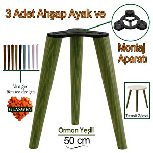 3 Adet Ahşap Ayak 50 Cm Orman Yeşili M8 Civatalı Bağlantı Aparatlı Mobilya Tabure Sehpa Masa Destek Ayağı