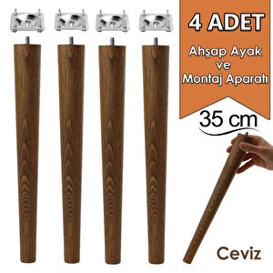 4 Adet Ahşap Ayak 35 Cm Ceviz M8 Civatalı Bağlantı Aparatlı Mobilya Tabure Sehpa Masa Destek Ayağı