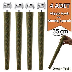 4 Adet Ahşap Ayak 35 Cm Orman Yeşili M8 Civatalı Bağlantı Aparatlı Mobilya Tabure Sehpa Masa Destek Ayağı