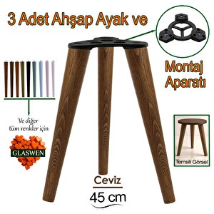 3 Adet Ahşap Ayak 45 Cm Ceviz M8 Civatalı Bağlantı Aparatlı Mobilya Tabure Sehpa Masa Destek Ayağı