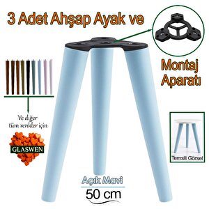 3 Adet Ahşap Ayak 50 Cm Açık Mavi M8 Civatalı Bağlantı Aparatlı Mobilya Tabure Sehpa Masa Destek Ayağı