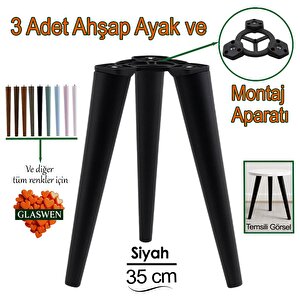 3 Adet Ahşap Ayak 35 Cm Siyah M8 Civatalı Bağlantı Aparatlı Mobilya Tabure Sehpa Masa Destek Ayağı