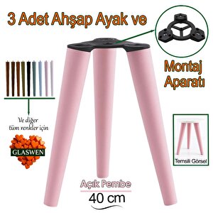 3 Adet Ahşap Ayak 40 Cm Açık Pembe M8 Civatalı Bağlantı Aparatlı Mobilya Tabure Sehpa Masa Destek Ayağı