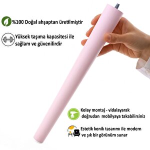 3 Adet Ahşap Ayak 40 Cm Açık Pembe M8 Civatalı Bağlantı Aparatlı Mobilya Tabure Sehpa Masa Destek Ayağı