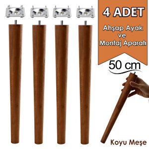 4 Adet Ahşap Ayak 50 Cm Koyu Meşe M8 Civatalı Bağlantı Aparatlı Mobilya Tabure Sehpa Masa Destek Ayağı