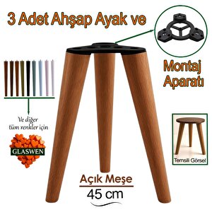 3 Adet Ahşap Ayak 45 Cm Açık Meşe M8 Civatalı Bağlantı Aparatlı Mobilya Tabure Sehpa Masa Destek Ayağı