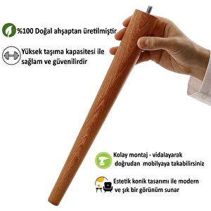 3 Adet Ahşap Ayak 45 Cm Açık Meşe M8 Civatalı Bağlantı Aparatlı Mobilya Tabure Sehpa Masa Destek Ayağı