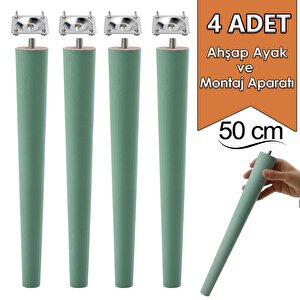 4 Adet Ahşap Ayak 50 Cm Su Yeşili M8 Civatalı Bağlantı Aparatlı Mobilya Tabure Sehpa Masa Destek Ayağı