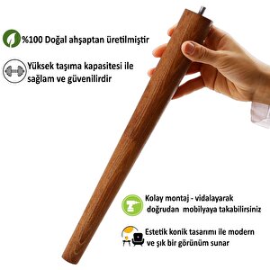 3 Adet Ahşap Ayak 40 Cm Koyu Meşe M8 Civatalı Bağlantı Aparatlı Mobilya Tabure Sehpa Masa Destek Ayağı