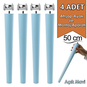 4 Adet Ahşap Ayak 50 Cm Açık Mavi M8 Civatalı Bağlantı Aparatlı Mobilya Tabure Sehpa Masa Destek Ayağı