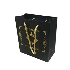 Karton İpsaplı Hediye Çantası Saray Desenli Gold 15x17x8 10 Adet  Siyah