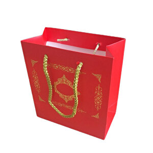 Karton İpsaplı Hediye Çantası Saray Desenli Gold 15x17x8 10 Adet  Kırmızı