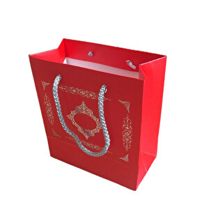 Karton İpsaplı Hediye Çantası Saray Desenli Gümüş 15x17x8 10 Adet  Kırmızı
