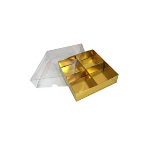 Asetat Kapaklı Karton Kutu 12x12x3 Cm 4 Bölmeli Kutu (10 Adet)  Gold