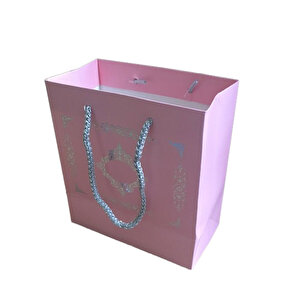 Karton İpsaplı Hediye Çantası Saray Desenli Gümüş 15x17x8 10 Adet  Pembe