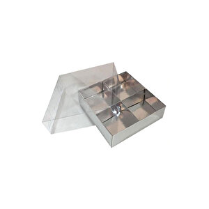 Asetat Kapaklı Karton Kutu 12x12x3 Cm 4 Bölmeli Kutu (10 Adet)  Gümüş