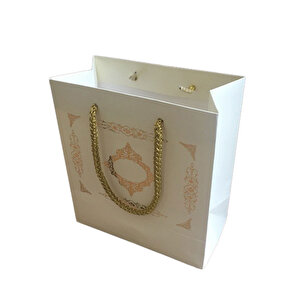 Karton İpsaplı Hediye Çantası Saray Desenli Gold 15x17x8 10 Adet  Krem