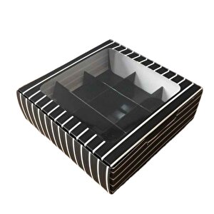 Asetat Pencereli Karton Kutu 15x15x5 Cm 9 Bölmeli Kutu (10 Adet)  Çizgili Siyah