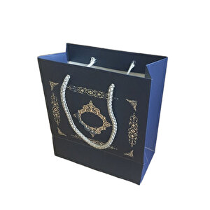 Karton İpsaplı Hediye Çantası Saray Desenli Gümüş 15x17x8 10 Adet  Lacivert
