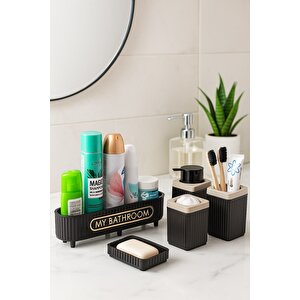 Lines Serisi Siyah Banyo Seti, 5 Parça Akrilik Organizer, Sabunluk, Diş Fırçalık, Pamukluk Takımı 3386