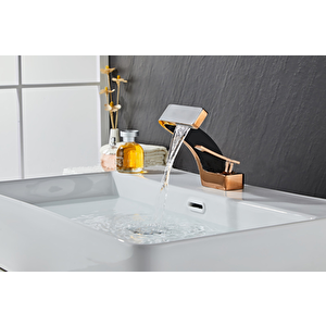 Pirinç Lüx Gold Rose Gold Siyah Şelale Banyo Lavabo Bataryası Musluk