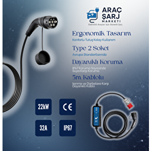 Huzur Elektrik 22kw 32a 5m Kablolu Portatif Taşınabilir Ev Araç Şarj Cihazı