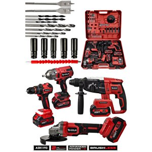 Assur 21v Darbeli Kömürsüz 4'lü Set Somun Sıkma Sökme & Matkap Vidalama & Kırıcı Delici Hilti & Taşlama