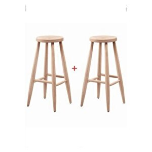 Ahşap 65 Cm Yüksek Yuvarlak Bar Tabure Sandalye 2'li Ahşap Ham