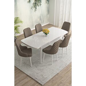 Meri Serisi Beyaz 80x132 Açılabilir Mdf Masa Yemek Odası Takımı, Mutfak Masa Takımı 6 Adet Sandalye Cappuccino