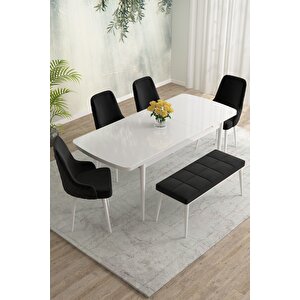 Meri Serisi Beyaz 80x132 Açılabilir Mdf Masa Yemek Odası Takımı,mutfak Masa Takımı 4 Sandalye 1bench Siyah