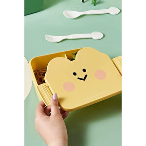Smiling Face Çift Bölmeli Kaşıklı Saklama Kabı Sarı
