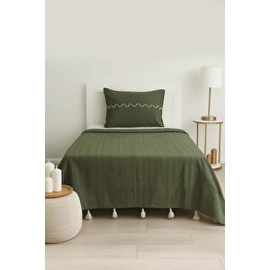 Luna Haki Boncuklu Püsküllü %100 Pamuklu Tek Kişilik Yatak Örtüsü Takımı