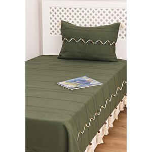 Luna Haki Boncuklu Püsküllü %100 Pamuklu Tek Kişilik Yatak Örtüsü Takımı