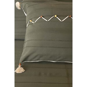 Luna Haki Boncuklu Püsküllü %100 Pamuklu Tek Kişilik Yatak Örtüsü Takımı