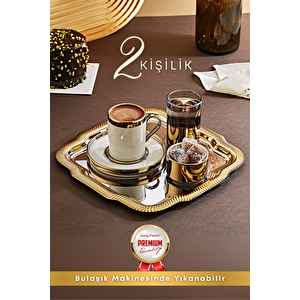 2 Kişilik Tepsili Gold Porselen Fincan Seti Damat Kahvesi-söz Nişan Türk Kahvesi Kahve Fincanı