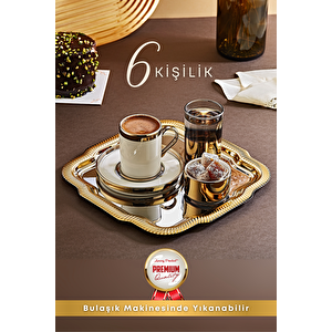 6 Kişilik Tepsili Gold Porselen Fincan Seti Damat Kahvesi-söz Nişan Türk Kahvesi Kahve Fincanı