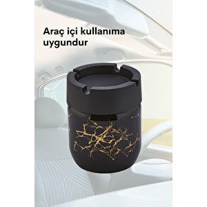 6 Adet Siyah Bronz Mermer Desenli Dekoratif Cam Kokusuz Küllük Kül Tablası Seti 425 Cc