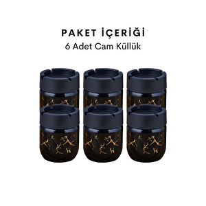 6 Adet Siyah Bronz Mermer Desenli Dekoratif Cam Kokusuz Küllük Kül Tablası Seti 425 Cc