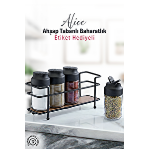 Alice Ahşap Tabanlı Metal Standlı 4'lü Çift Kapaklı Cam Baharatlık Seti - Tuzluk Biberlik