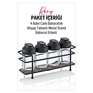 Alice Ahşap Tabanlı Metal Standlı 4'lü Çift Kapaklı Cam Baharatlık Seti - Tuzluk Biberlik