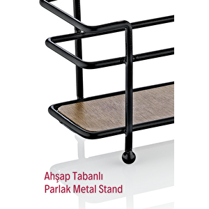 Alice Ahşap Tabanlı Metal Standlı 4'lü Çift Kapaklı Cam Baharatlık Seti - Tuzluk Biberlik
