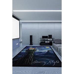 Saurry Night Film Desenli Mavi Siyah Renkli Yüzüklerin Efendisi Halısı Film Temalı Halı 160x240 cm