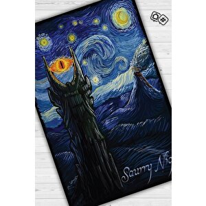 Saurry Night Film Desenli Mavi Siyah Renkli Yüzüklerin Efendisi Halısı Film Temalı Halı 160x240 cm