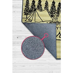 Kaybolmam Keşfederim,kamp Hayatı Desenli Sarı Halı,kampçı Halısı,pamuklu Dokuma Tabanlı Yıkanabilir Halı 120x180 cm