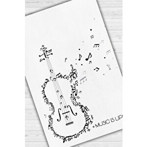 Müzik Hayattır Art Müzik Halısı Beyaz Renkli Müzik Halısı Gitar Figürlü Beyaz Modern Halı 120x180 cm