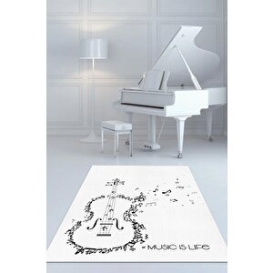 Müzik Hayattır Art Müzik Halısı Beyaz Renkli Müzik Halısı Gitar Figürlü Beyaz Modern Halı 100x150 cm
